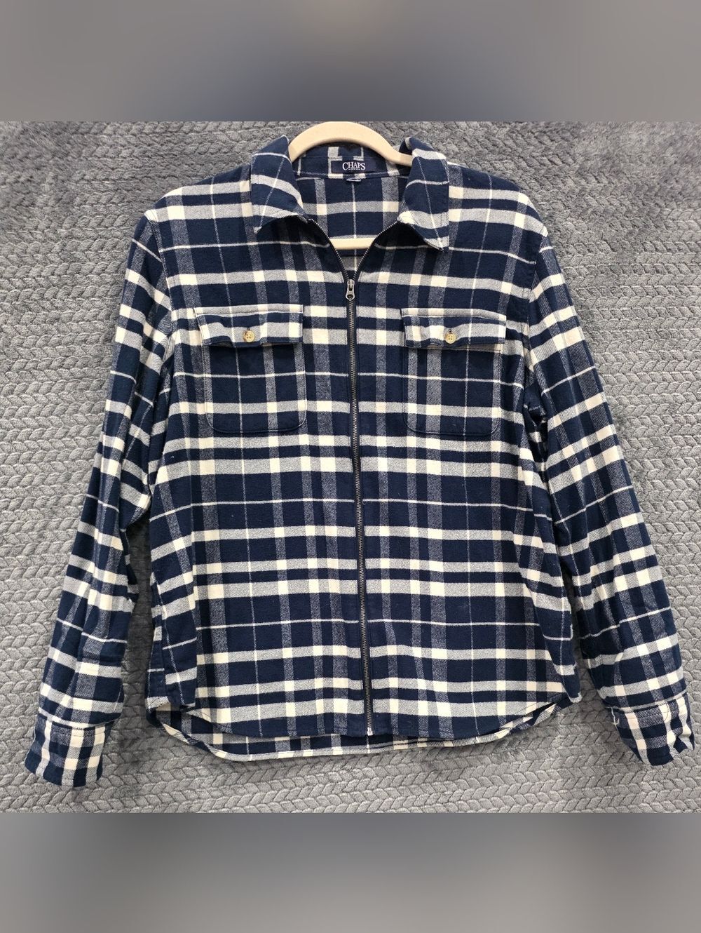 Chaps Navy and White Plaid Long-Sleeve Zip Shirt- size MED